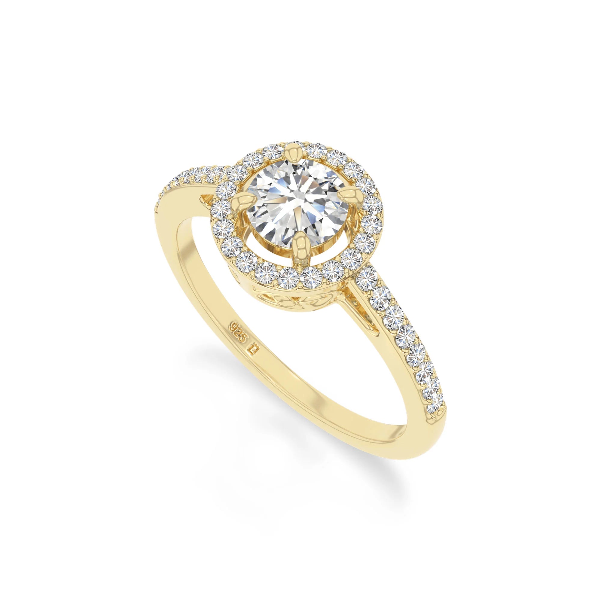 natural moissanite solitaire halo engagement rings in yellow gold vermeil