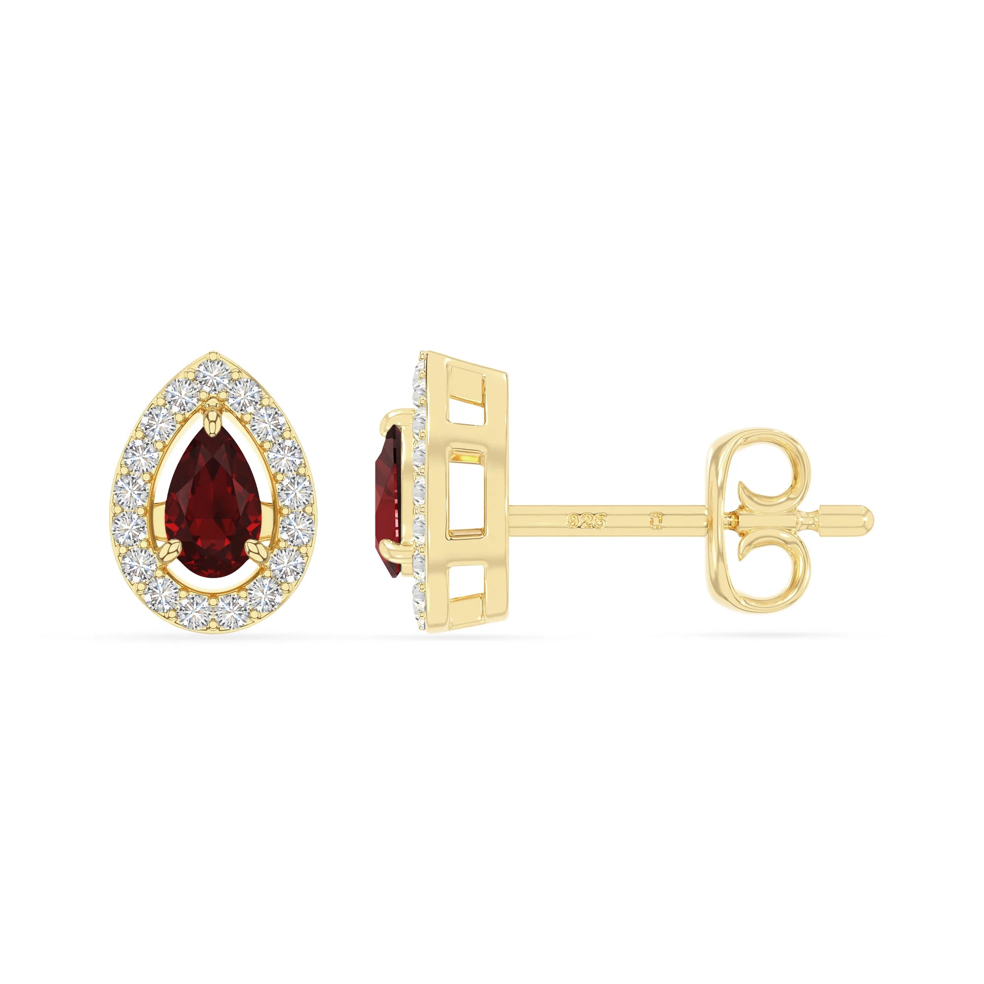 natural garnet halo stud earrings in yellow gold vermeil 