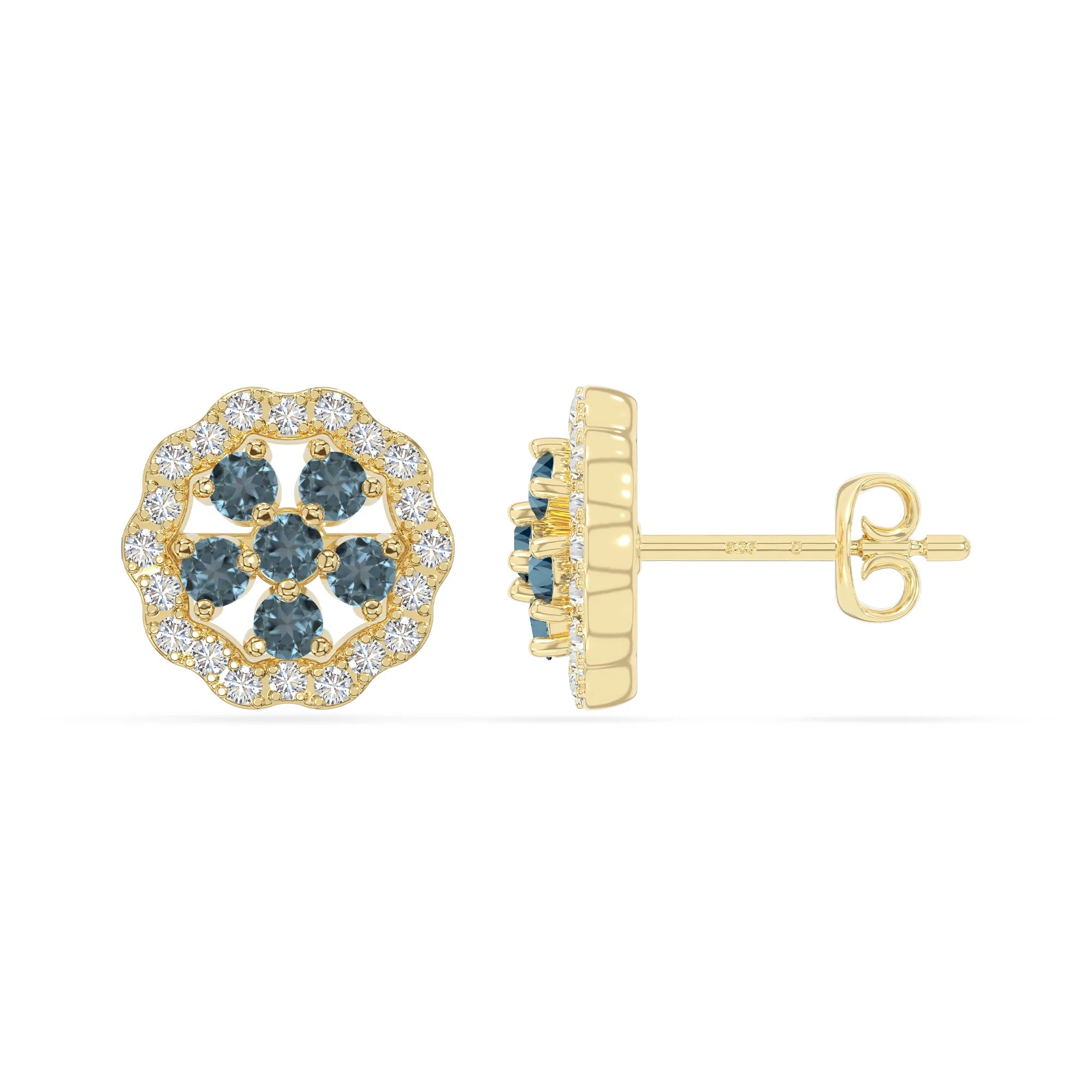 natural london-blue-topaz flower stud earrings in yellow gold vermeil 