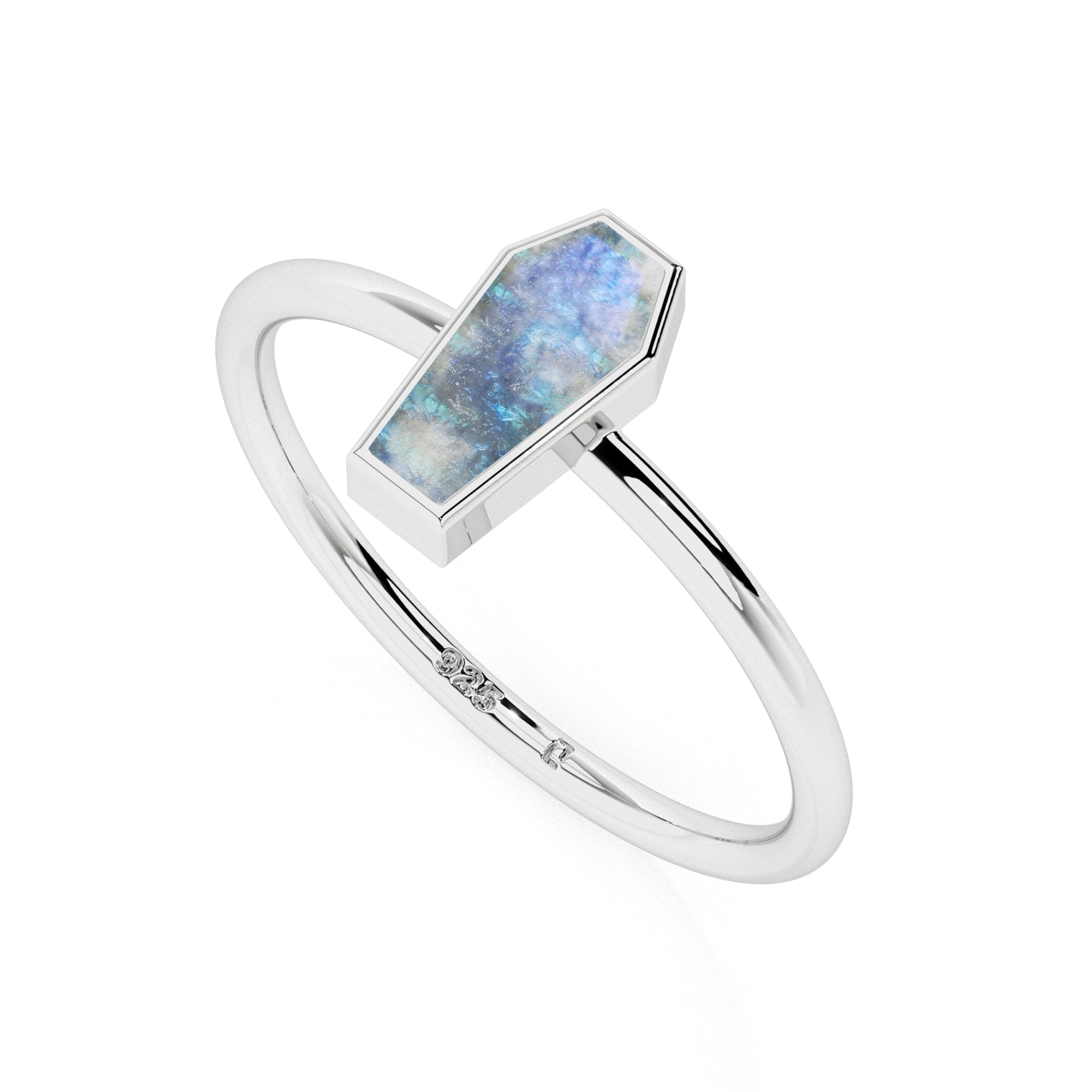 rainbow moonstone coffin shape stackable bezel-set ring