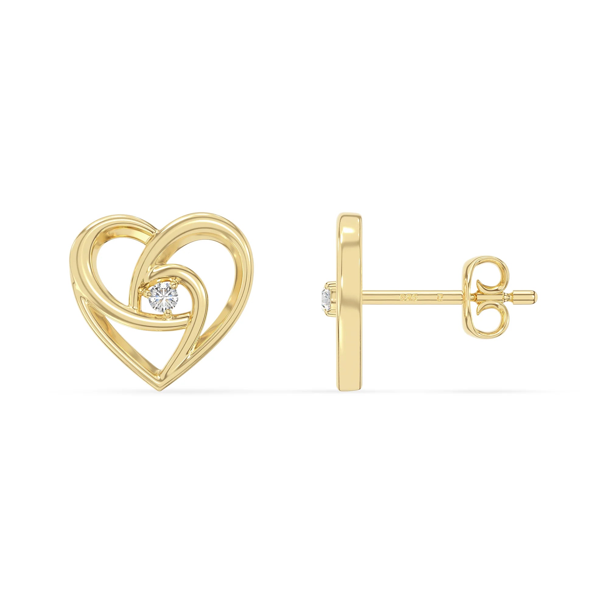 moissanite heart stud earrings in yellow gold vermeil 