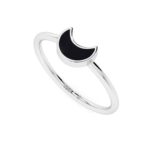 black tourmaline moon shape stackable bezel-set ring