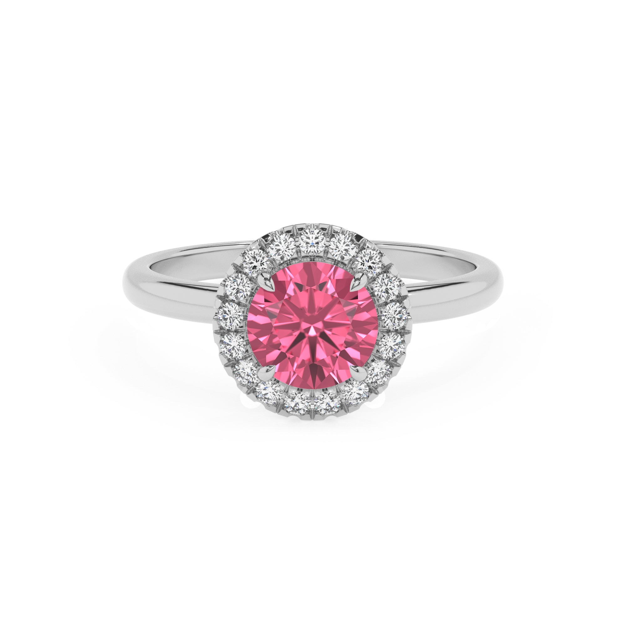 lab-grown pink-tourmaline round halo solitaire engagement ring