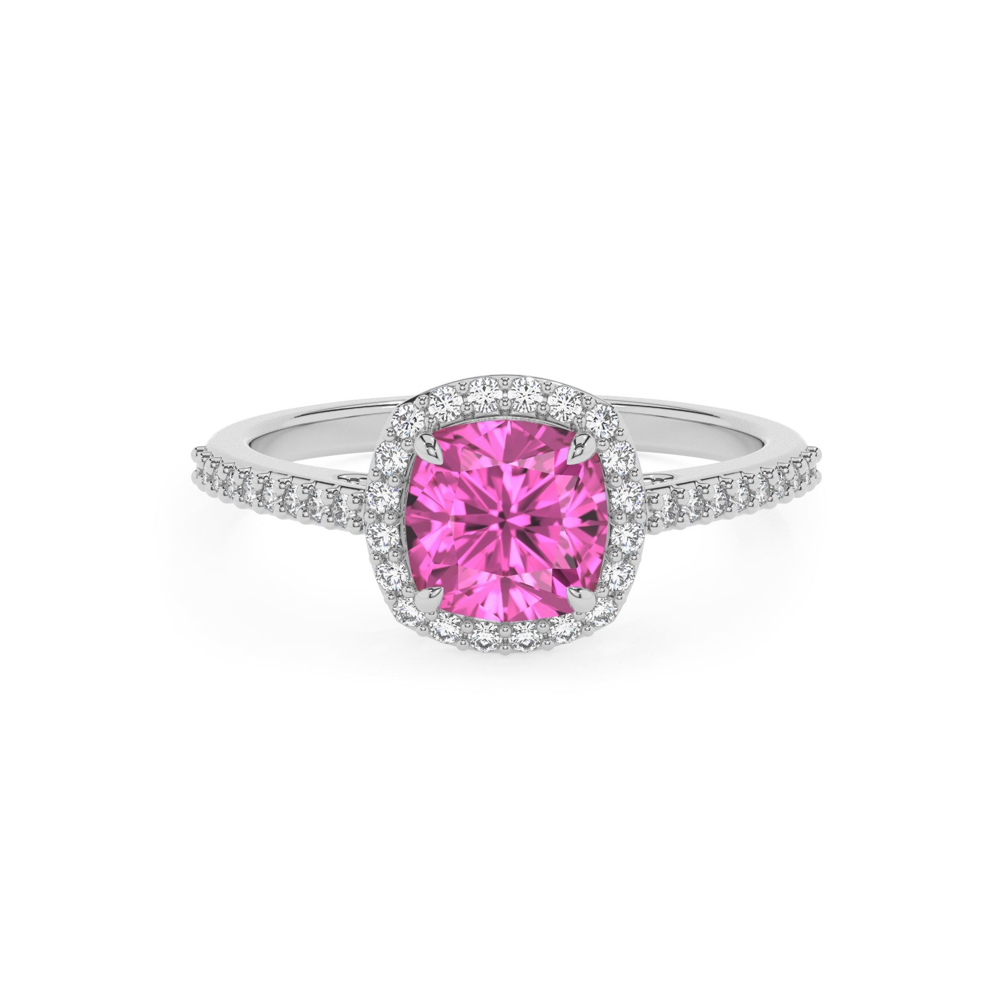 lab-grown pink-sapphire cushion half eterity halo solitaire engagement ring