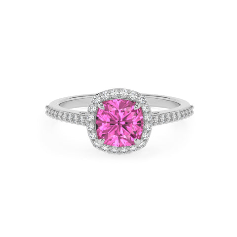 lab-grown pink-sapphire cushion half eterity halo solitaire engagement ring