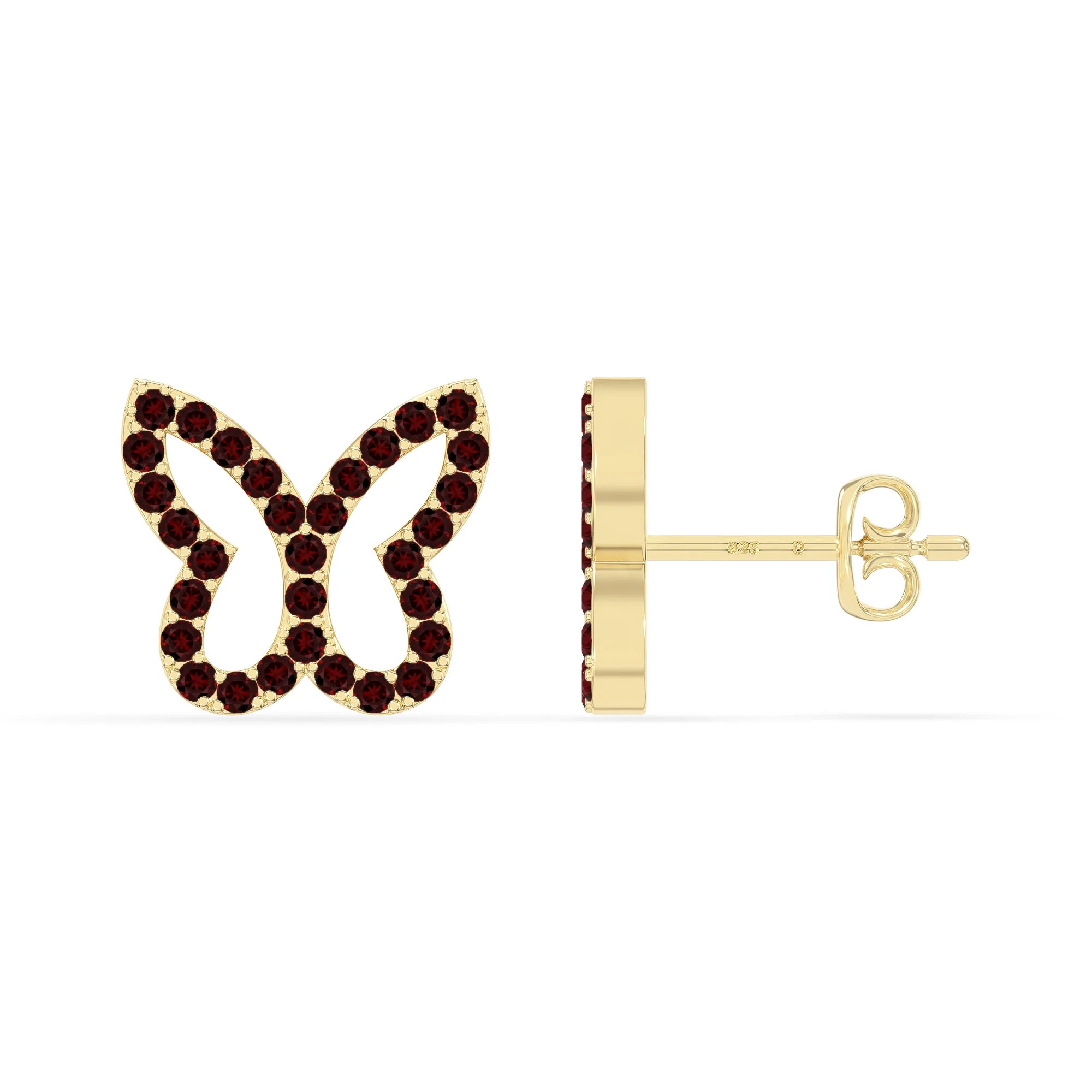 natural garnet butterfly stud earrings in yellow gold vermeil 