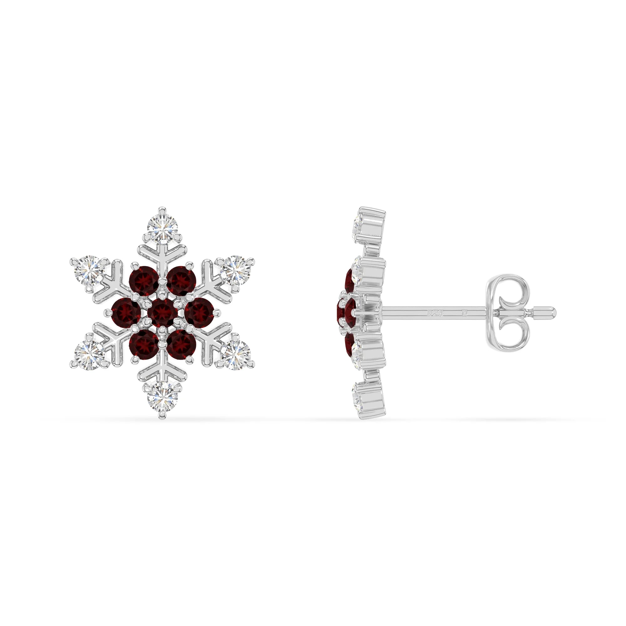 natural garnet snowflake stud earrings in sterling silver 