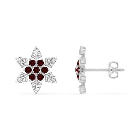 natural garnet snowflake stud earrings in sterling silver 