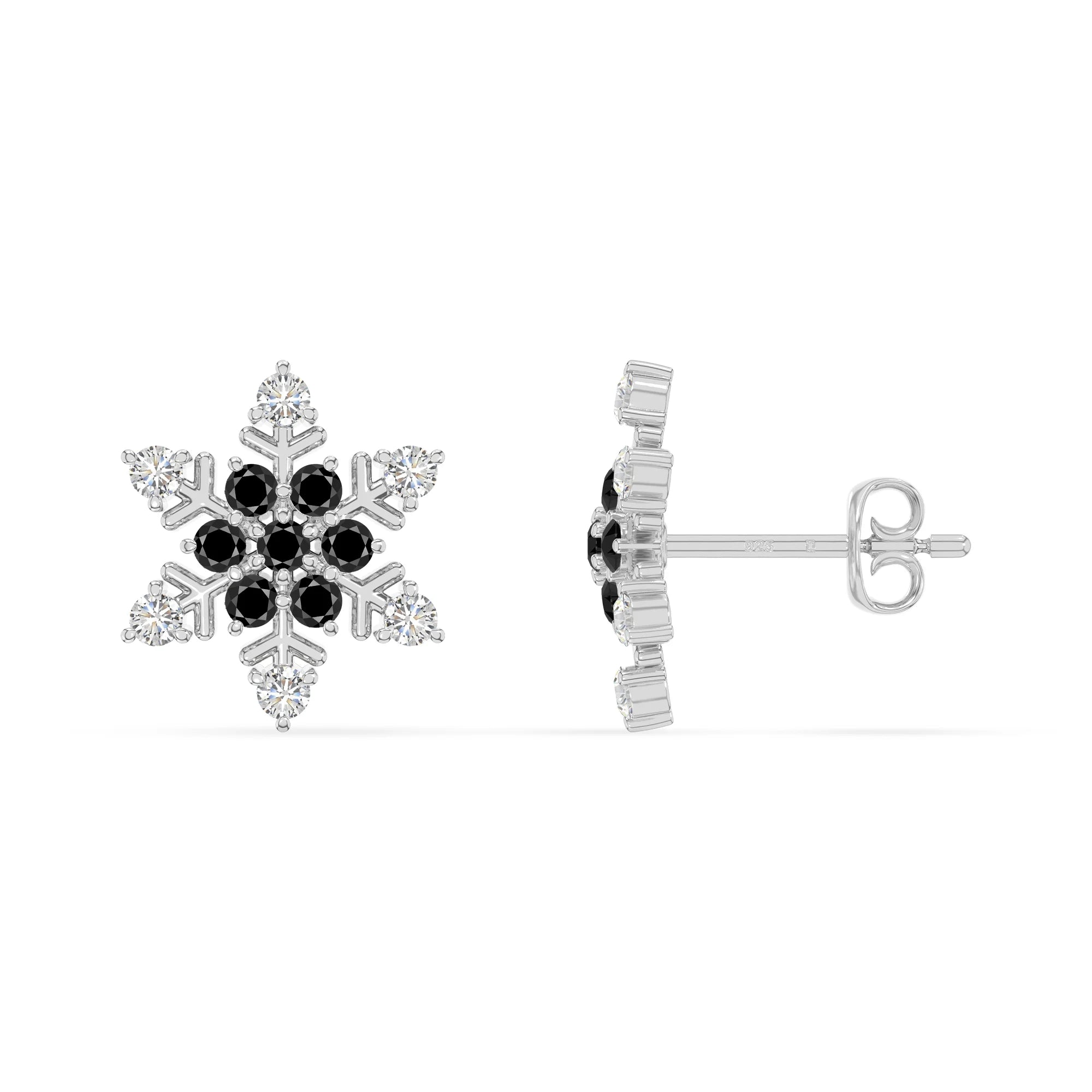 natural black-onyx snowflake stud earrings in sterling silver 