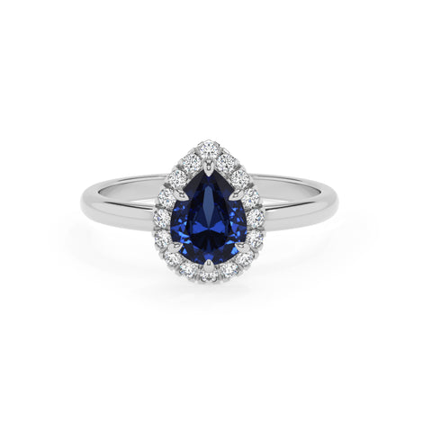 lab-grown blue-sapphire pear halo solitaire engagement ring