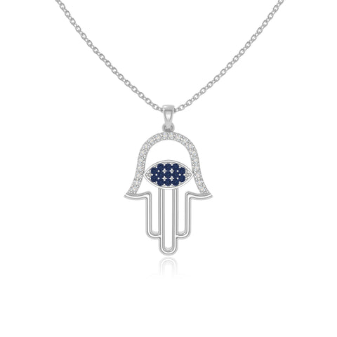natural blue-sapphire evil eye hamsa hand necklaces in sterling silver 