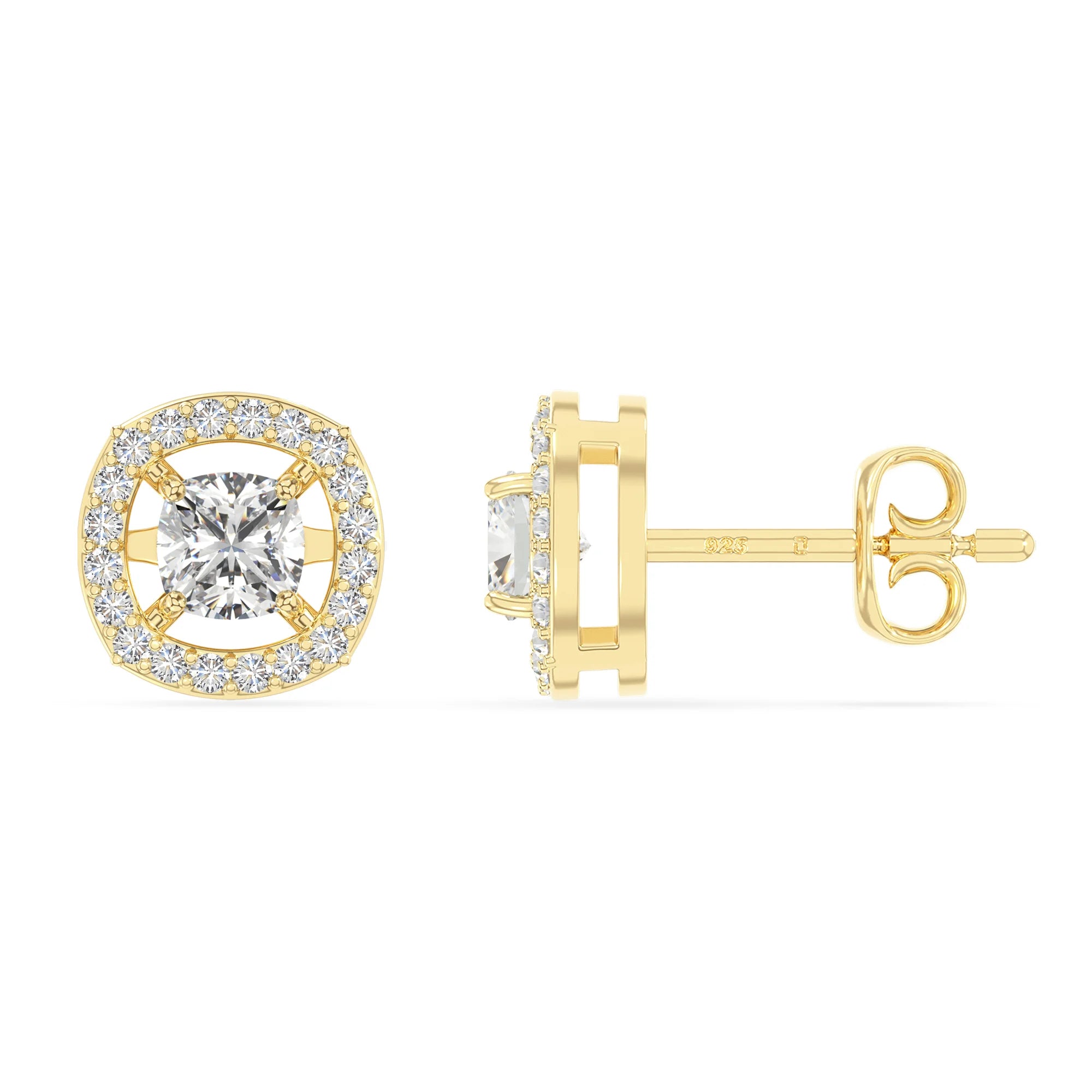 moissanite halo stud earrings in yellow gold vermeil 