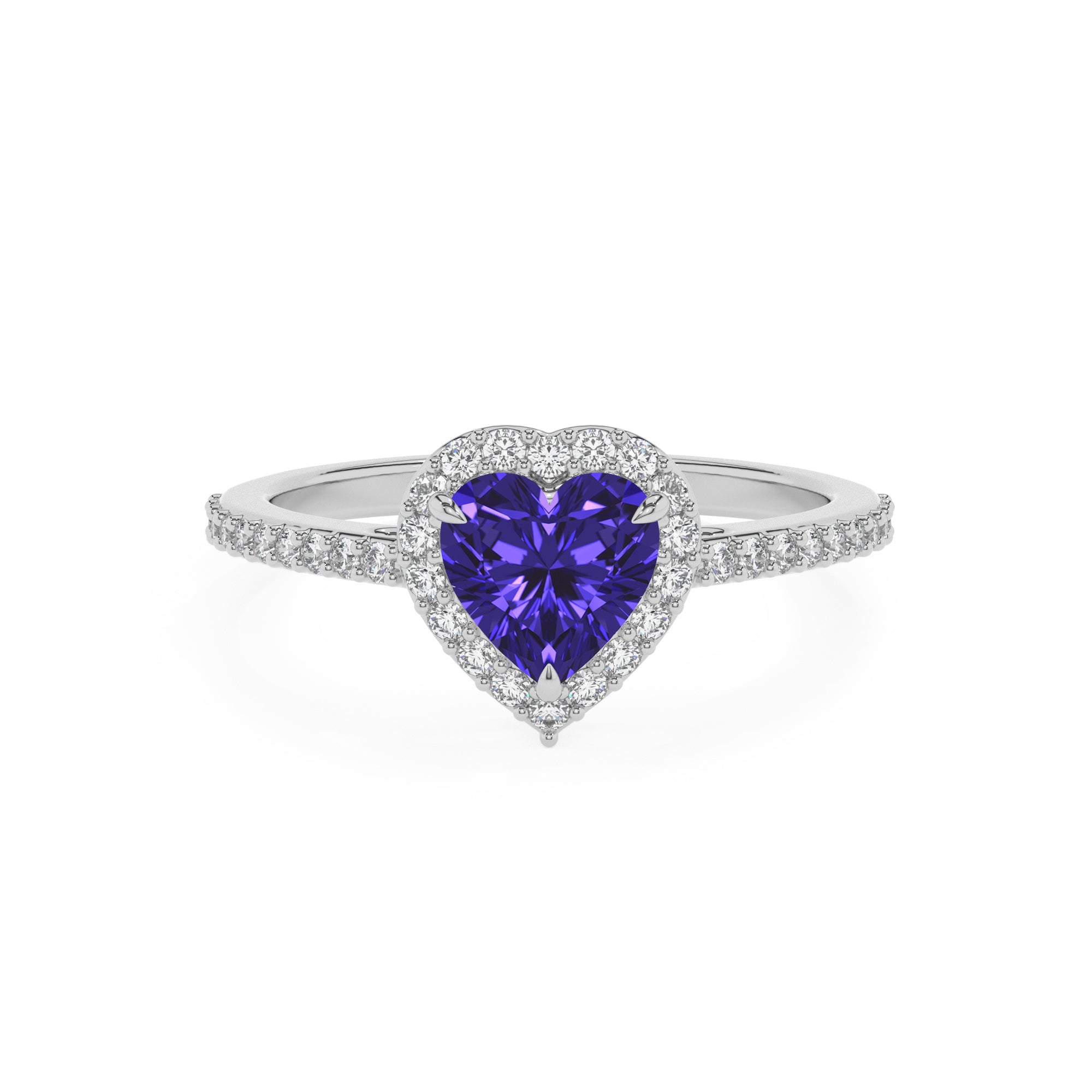 lab-grown tanzanite heart half eterity halo solitaire engagement ring