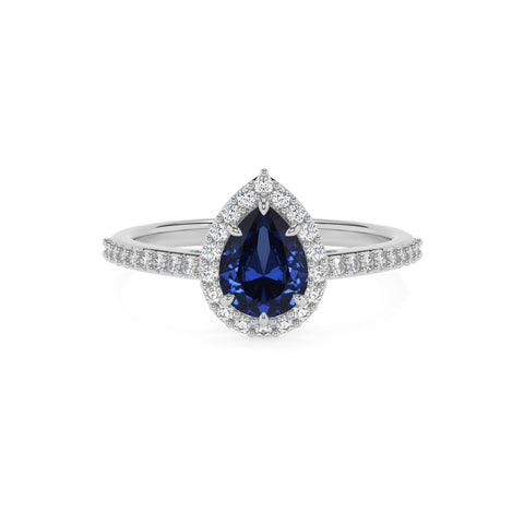 lab-grown blue-sapphire pear half eterity halo solitaire engagement ring