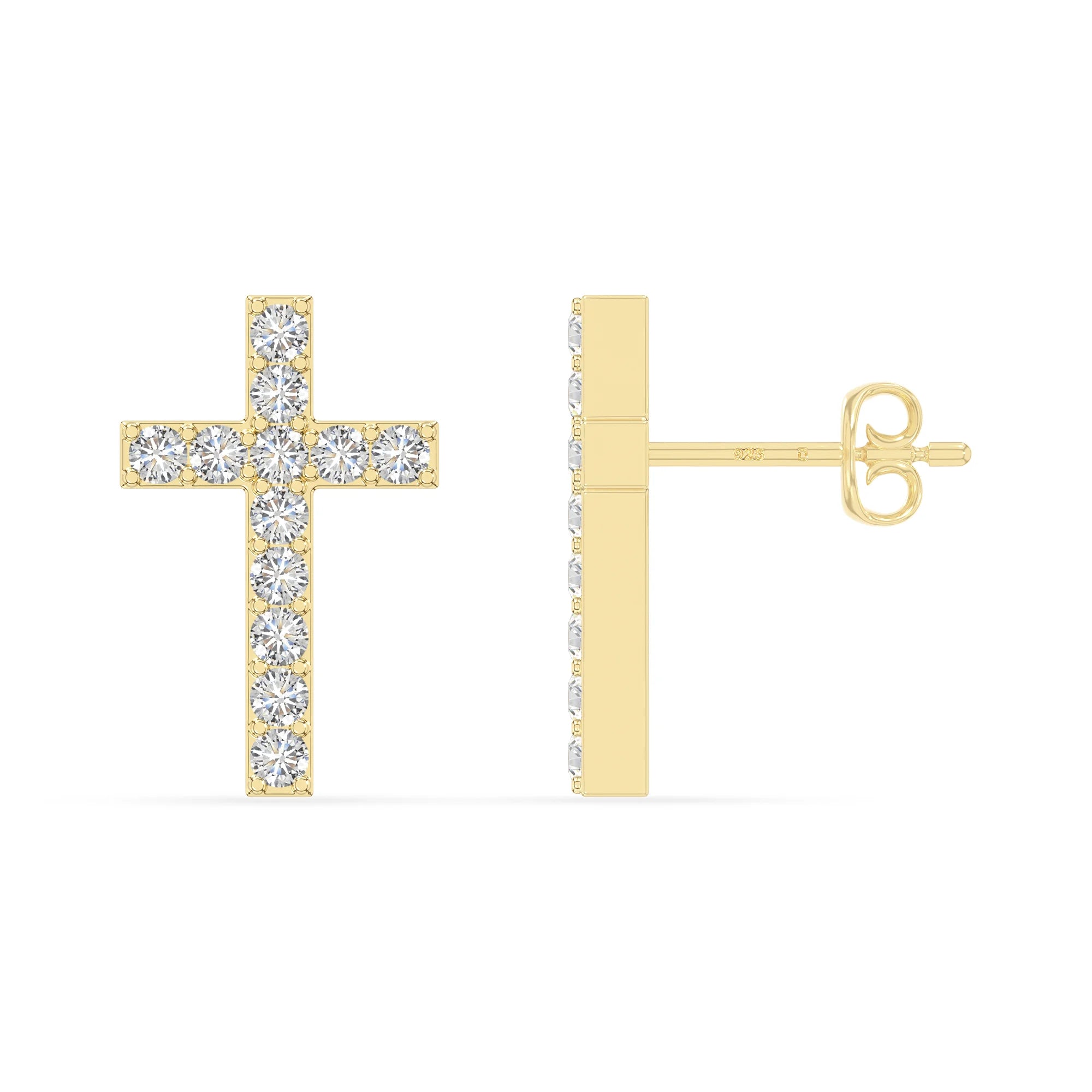moissanite cross stud earrings in yellow gold vermeil 