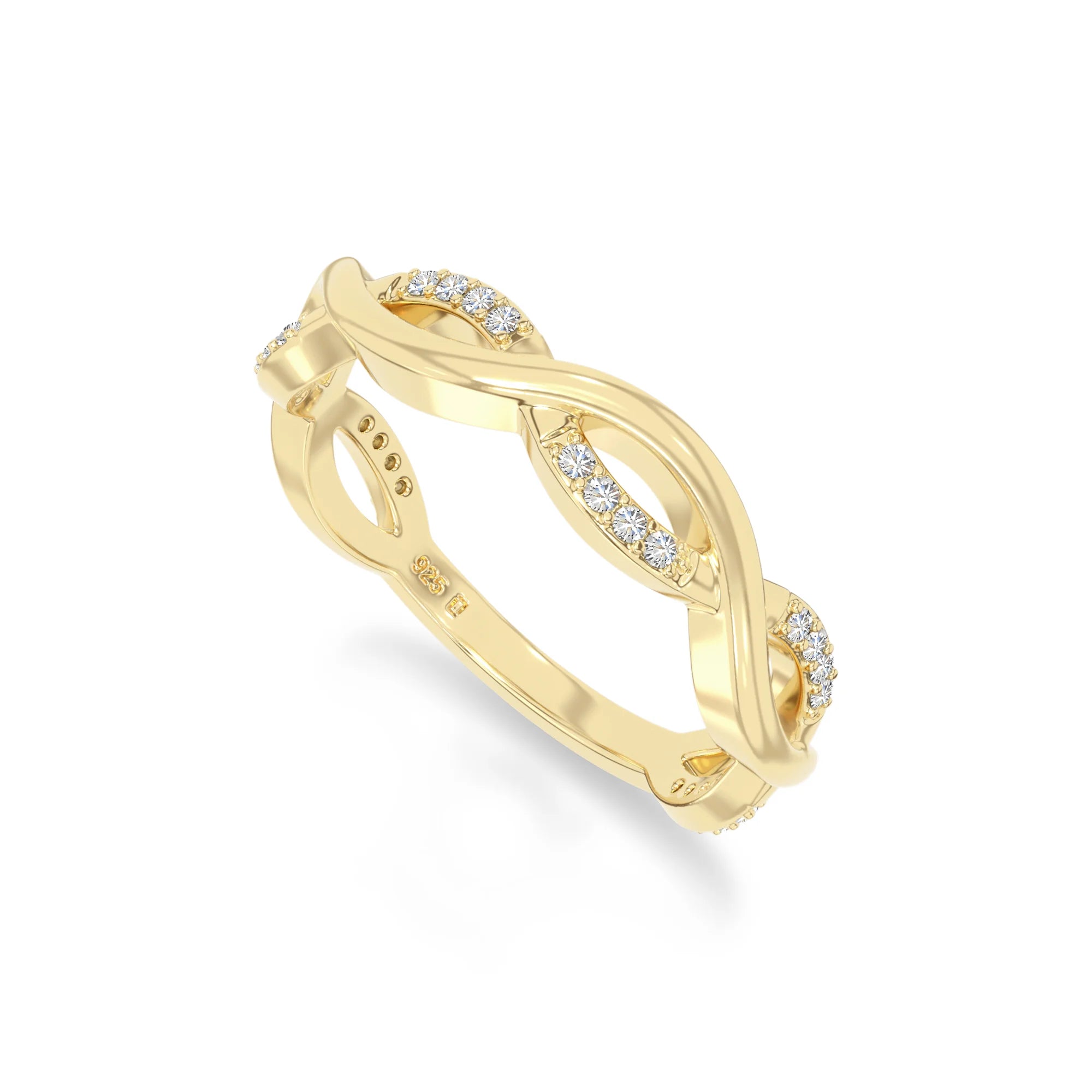 natural moissanite twisted wedding band rings in yellow gold vermeil