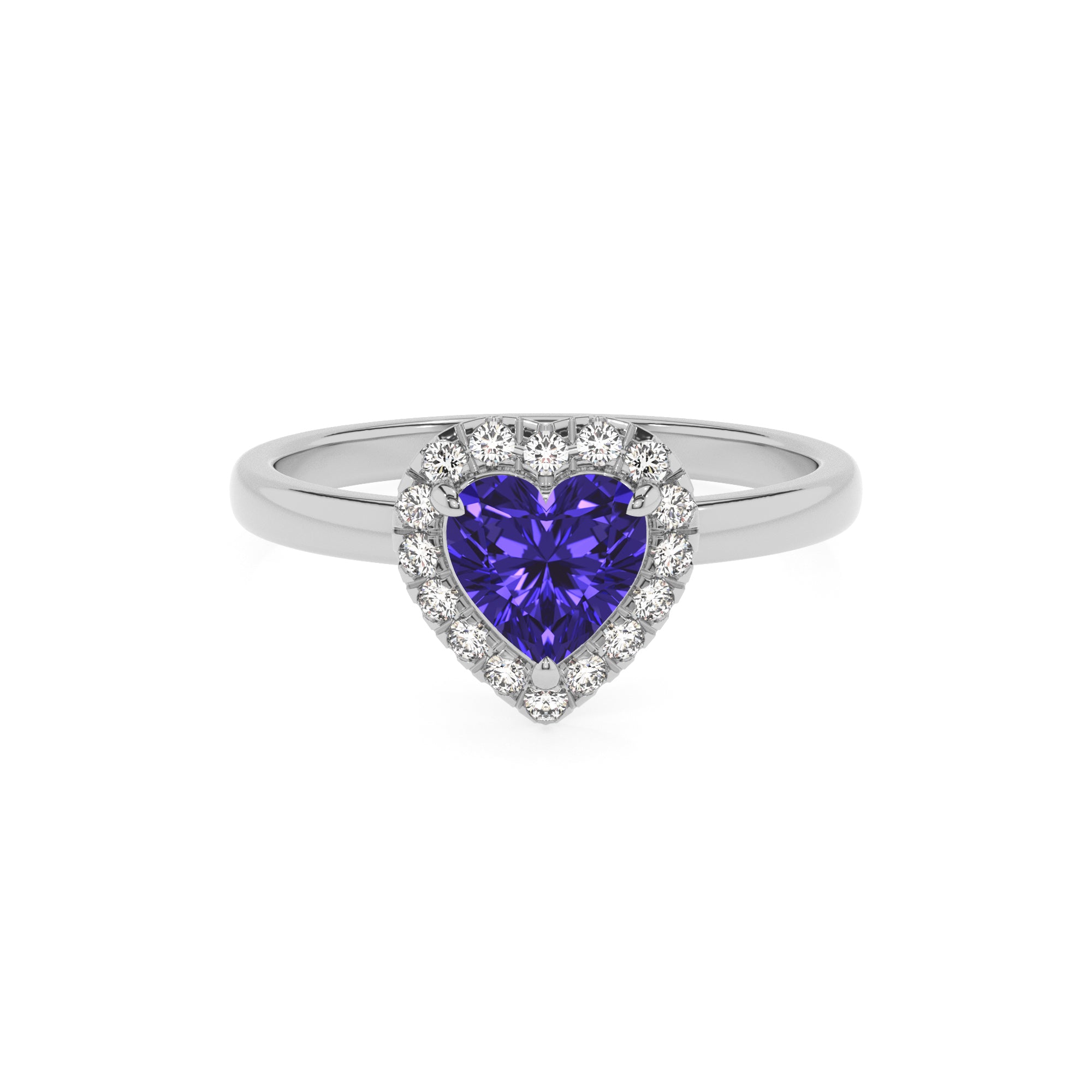 lab-grown tanzanite heart halo solitaire engagement ring