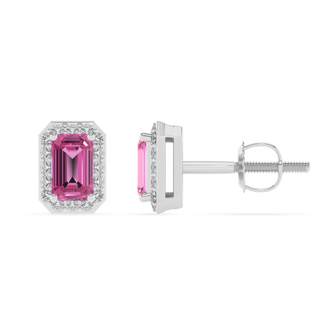 lab grown pink sapphire emerald cut stud earrings with moissanite 