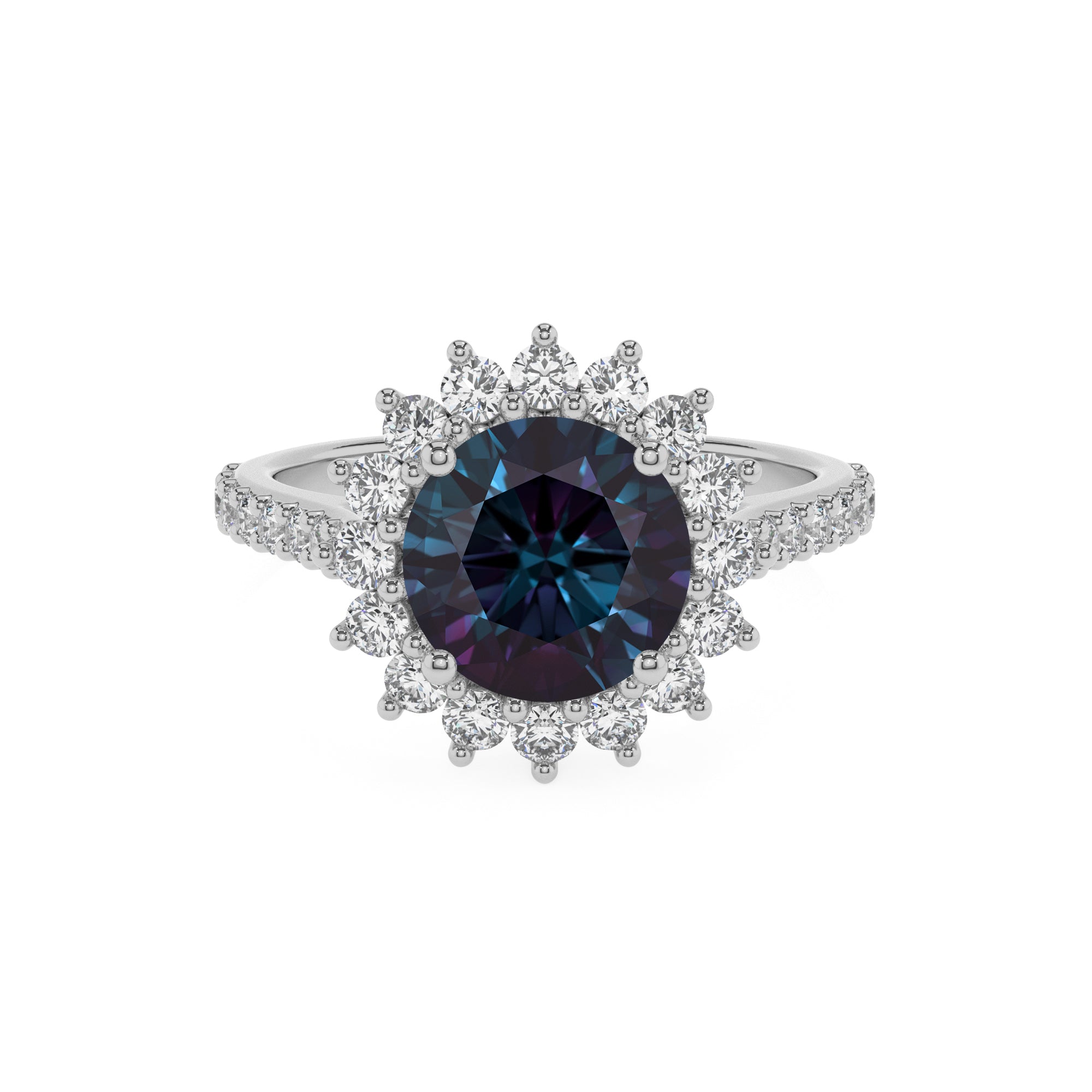 lab grown alexandrite round half eterity halo solitaire engagement ring