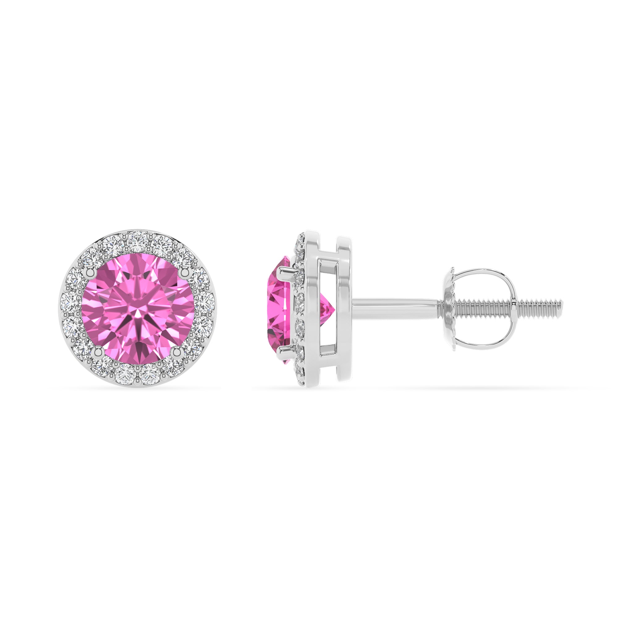 lab grown pink sapphire round stud earrings with moissanite 