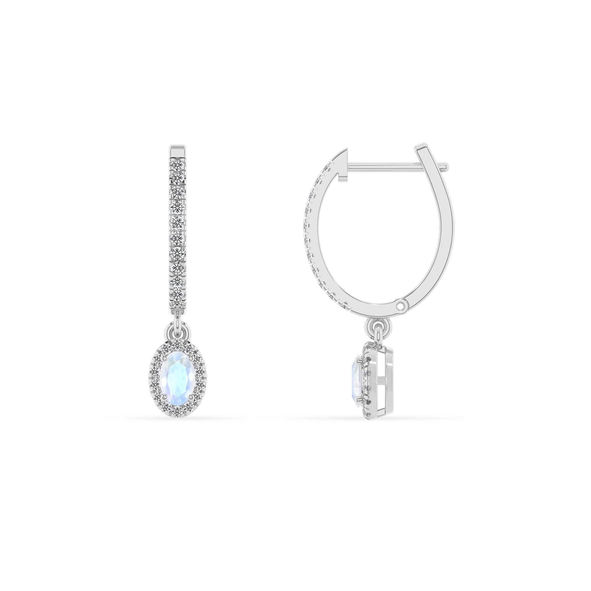 natural rainbow moonstone oval double halo earrings with moissanite 