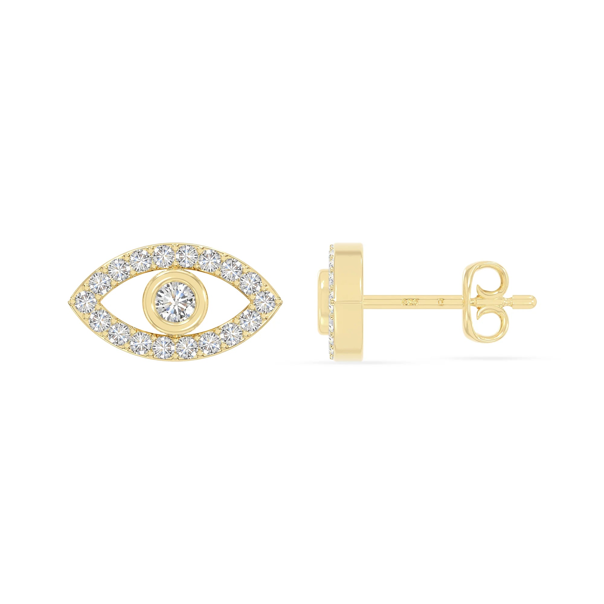 moissanite evil eye stud earrings in yellow gold vermeil 