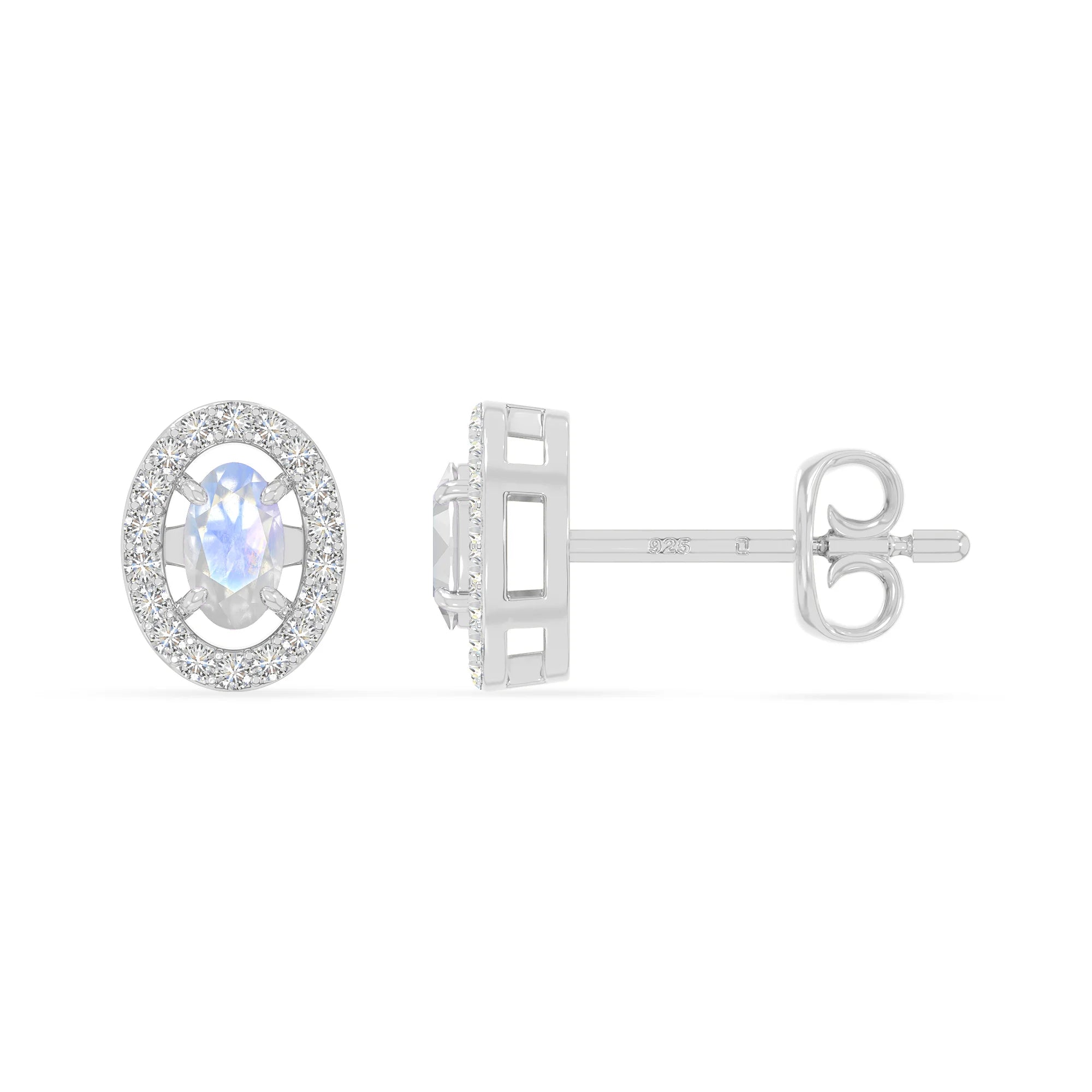 natural rainbow-moonstone halo stud earrings in sterling silver 