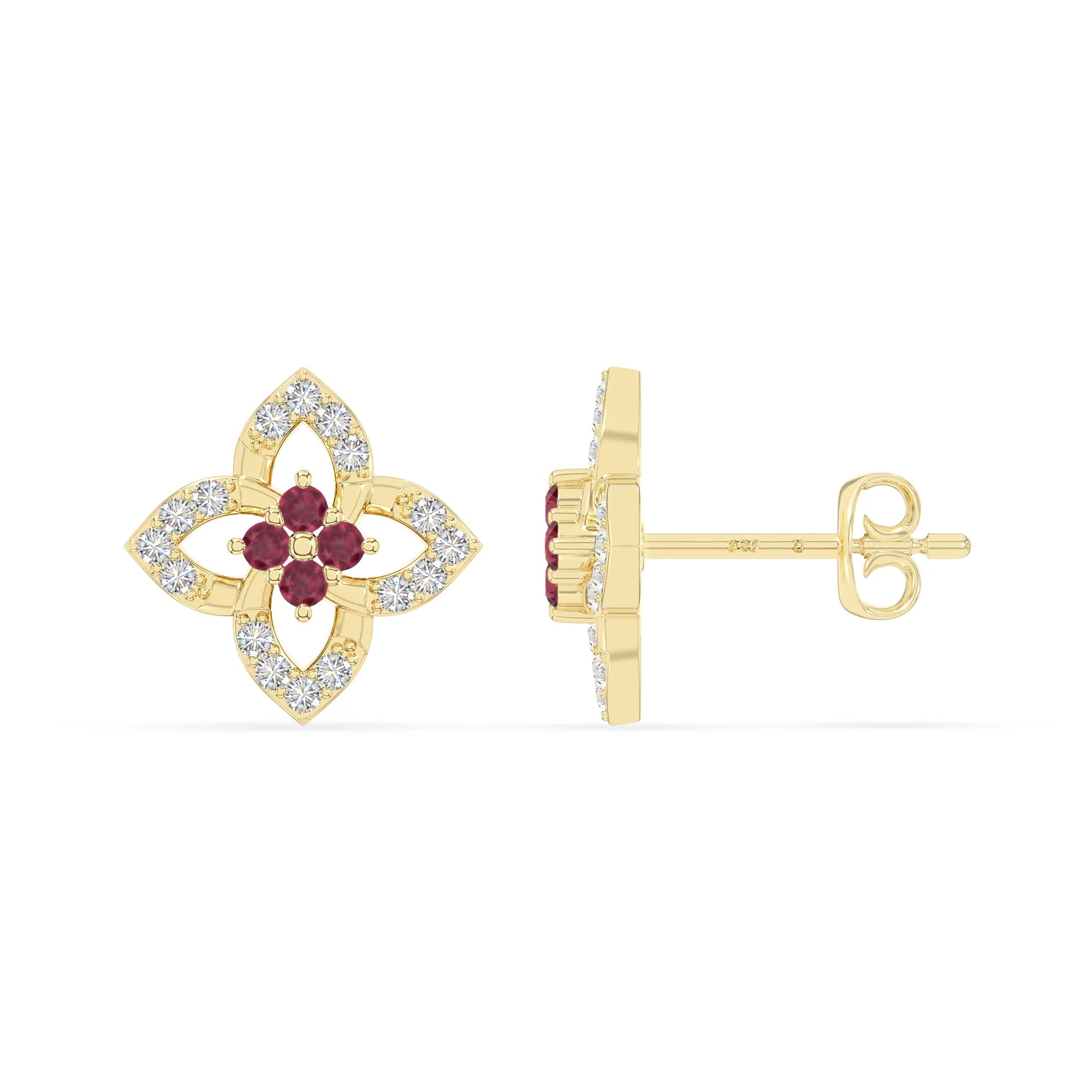 natural ruby 4 petal flower stud earrings in yellow gold vermeil 