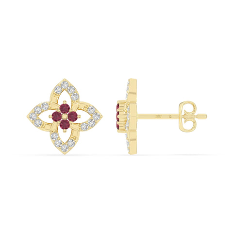 natural ruby 4 petal flower stud earrings in yellow gold vermeil 