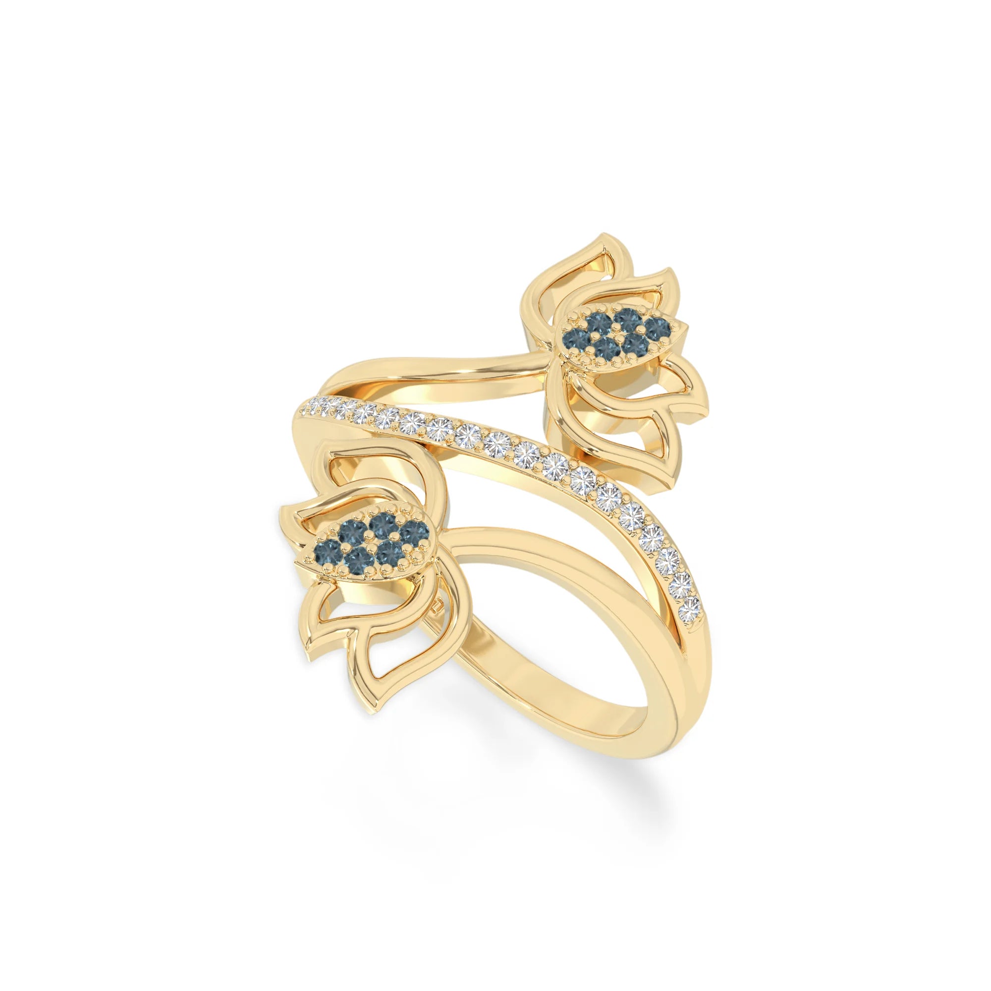 natural london blue topaz lotus blossom rings in yellow gold vermeil