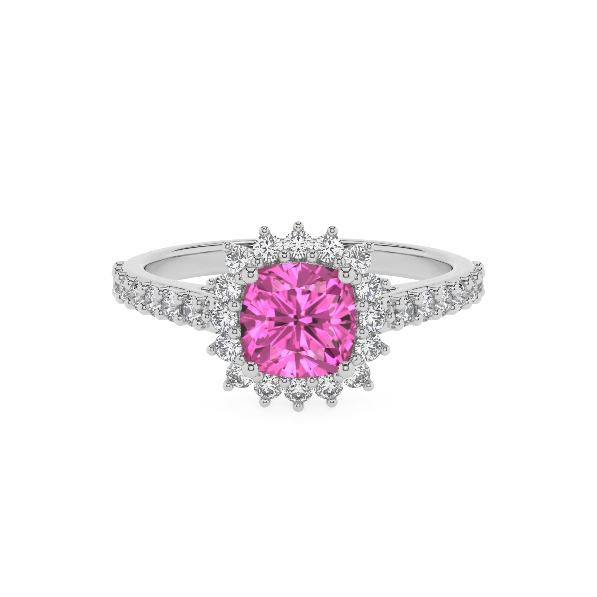 lab-grown pink-sapphire cushion half eterity halo solitaire engagement ring