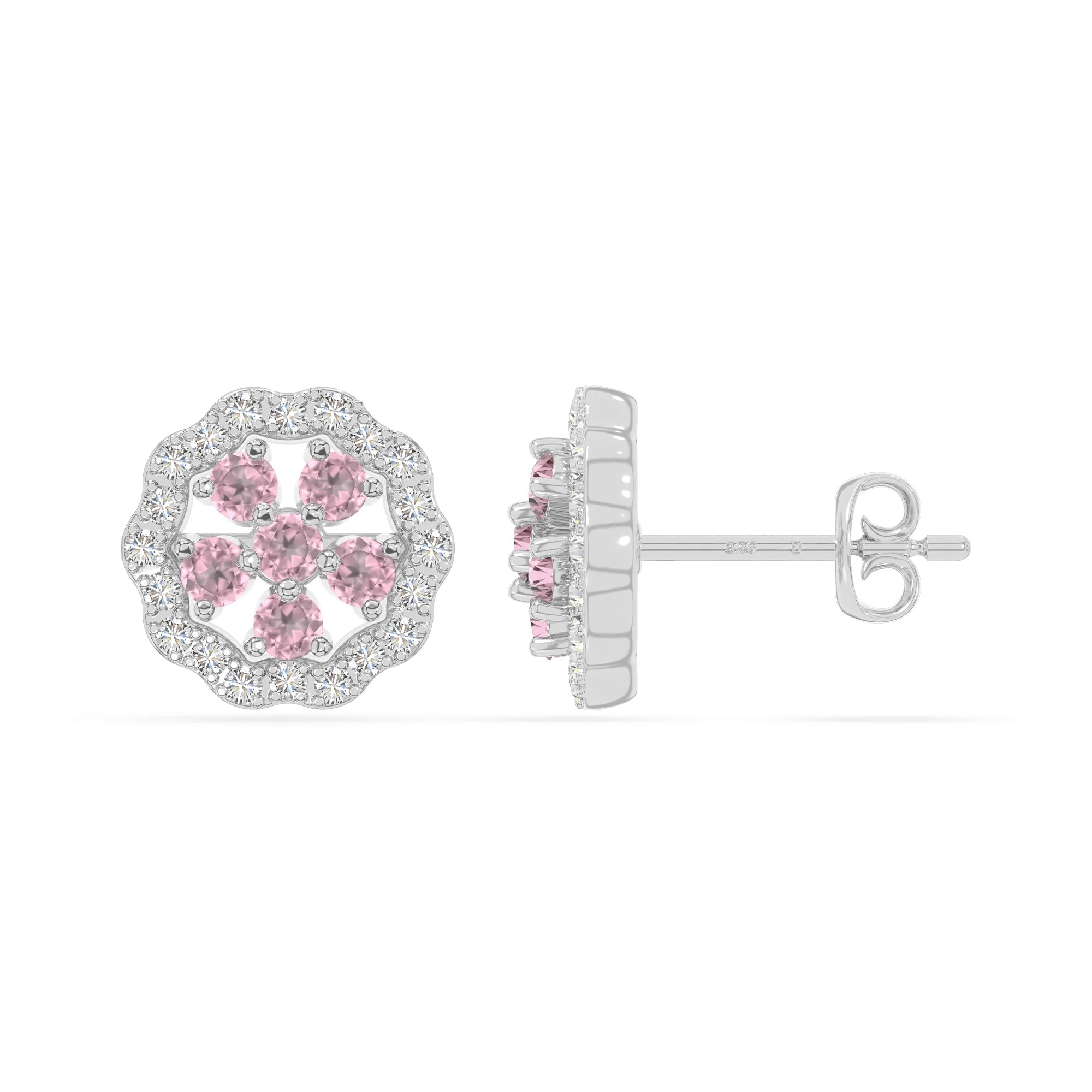 natural pink-tourmaline flower stud earrings in sterling silver 