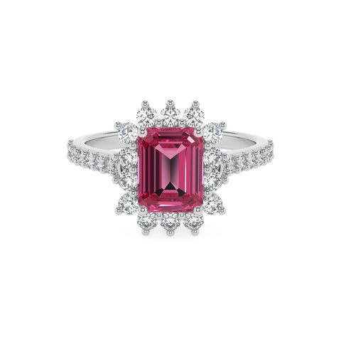 lab-grown pink-tourmaline emerald half eterity halo solitaire engagement ring