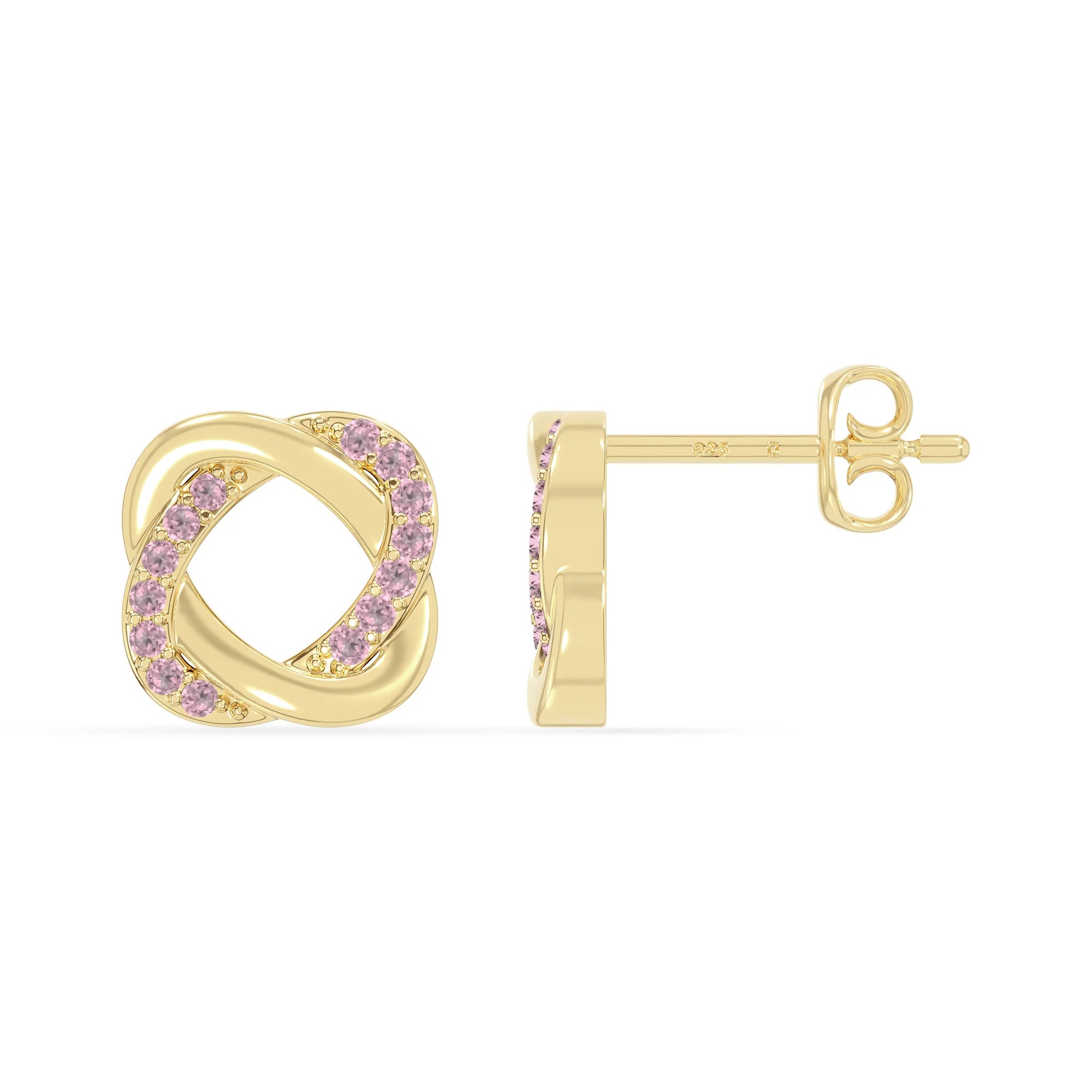 natural pink-tourmaline knot-love stud earrings in yellow gold vermeil 