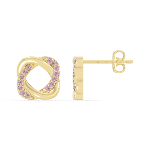 natural pink-tourmaline knot-love stud earrings in yellow gold vermeil 