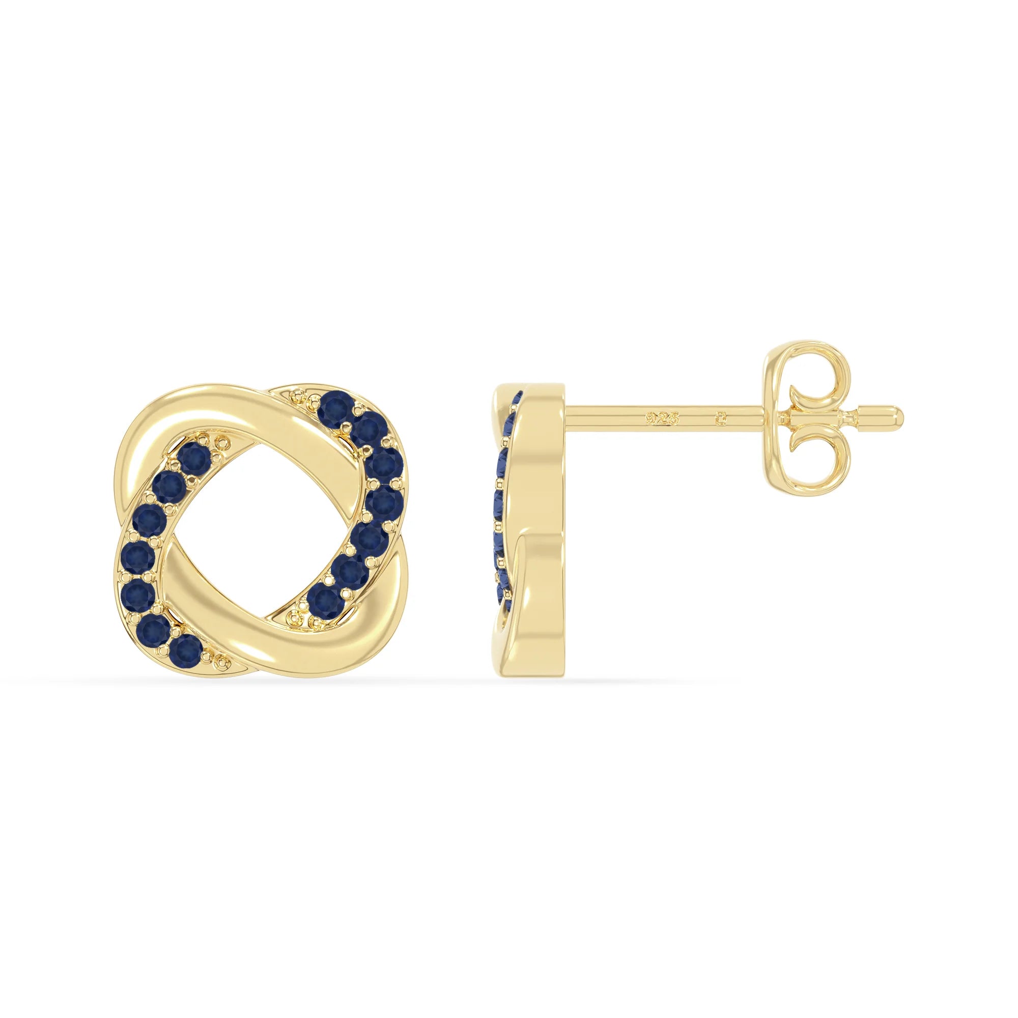 natural blue-sapphire knot-love stud earrings in yellow gold vermeil 