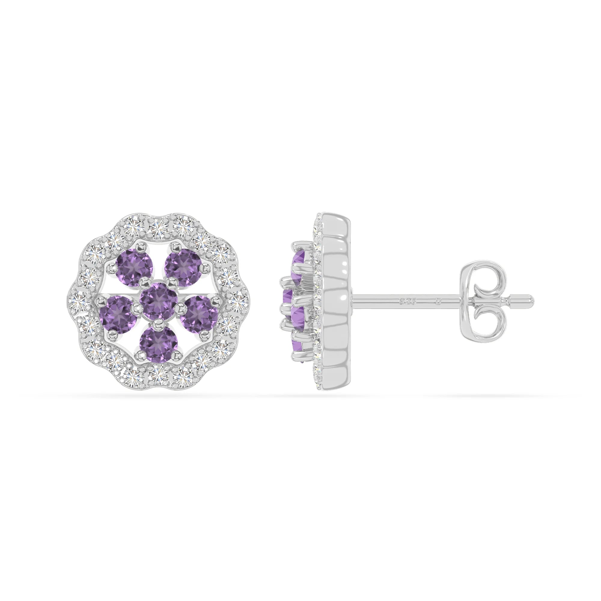 natural amethyst flower stud earrings in sterling silver 