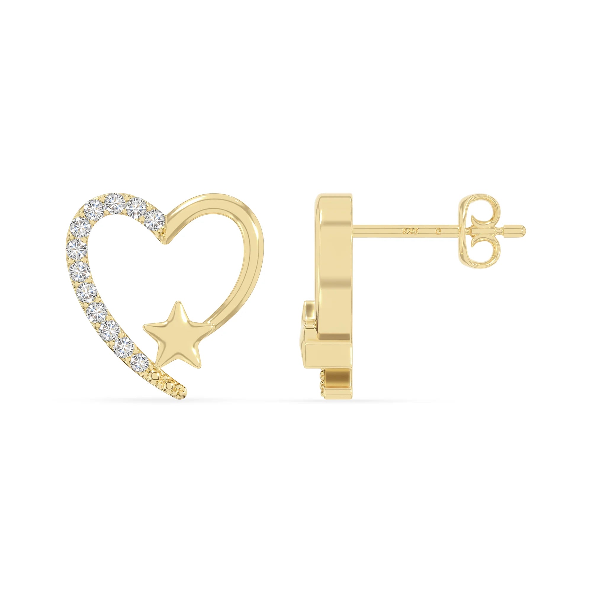 moissanite heart-star stud earrings in yellow gold vermeil 