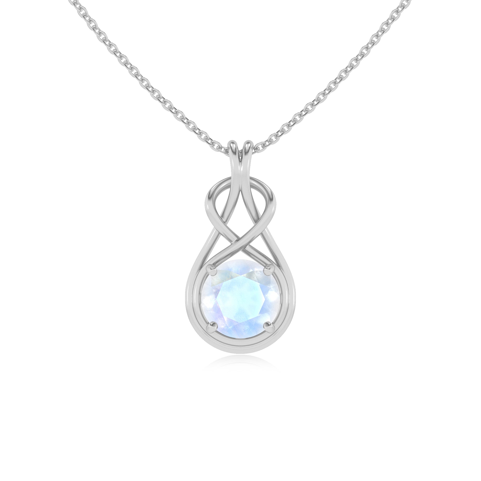 natural rainbow moonstone round shape solitaire infinity knot pendant necklace