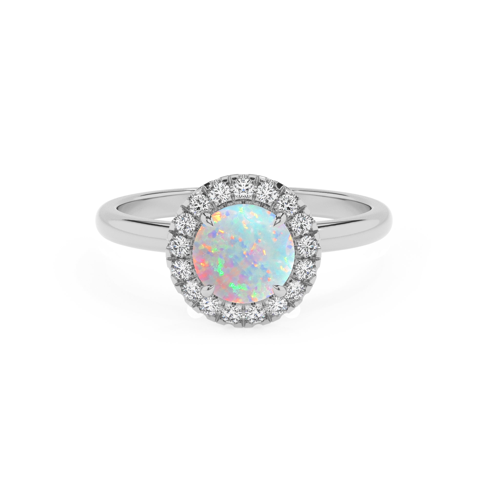 lab grown opal round halo solitaire engagement ring