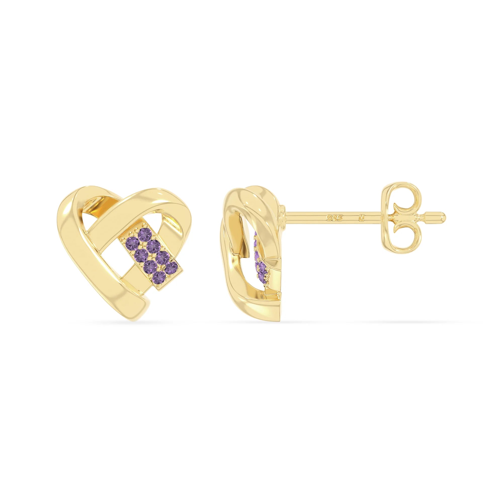 natural amethyst ribbon-heart stud earrings in yellow gold vermeil 
