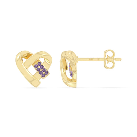 natural amethyst ribbon-heart stud earrings in yellow gold vermeil 