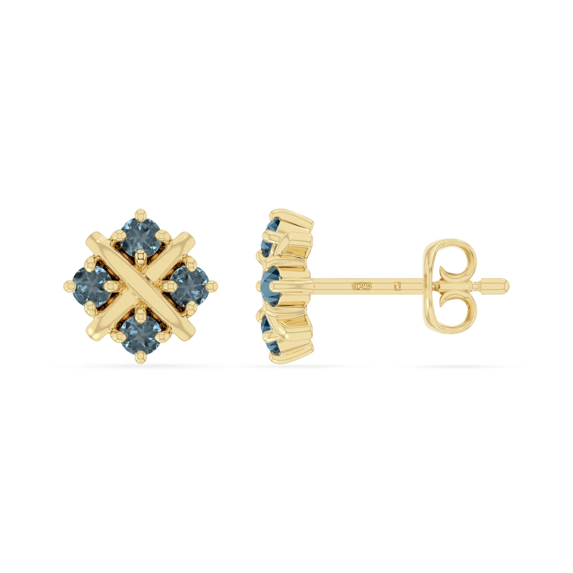 natural london-blue-topaz flower stud earrings in yellow gold vermeil 