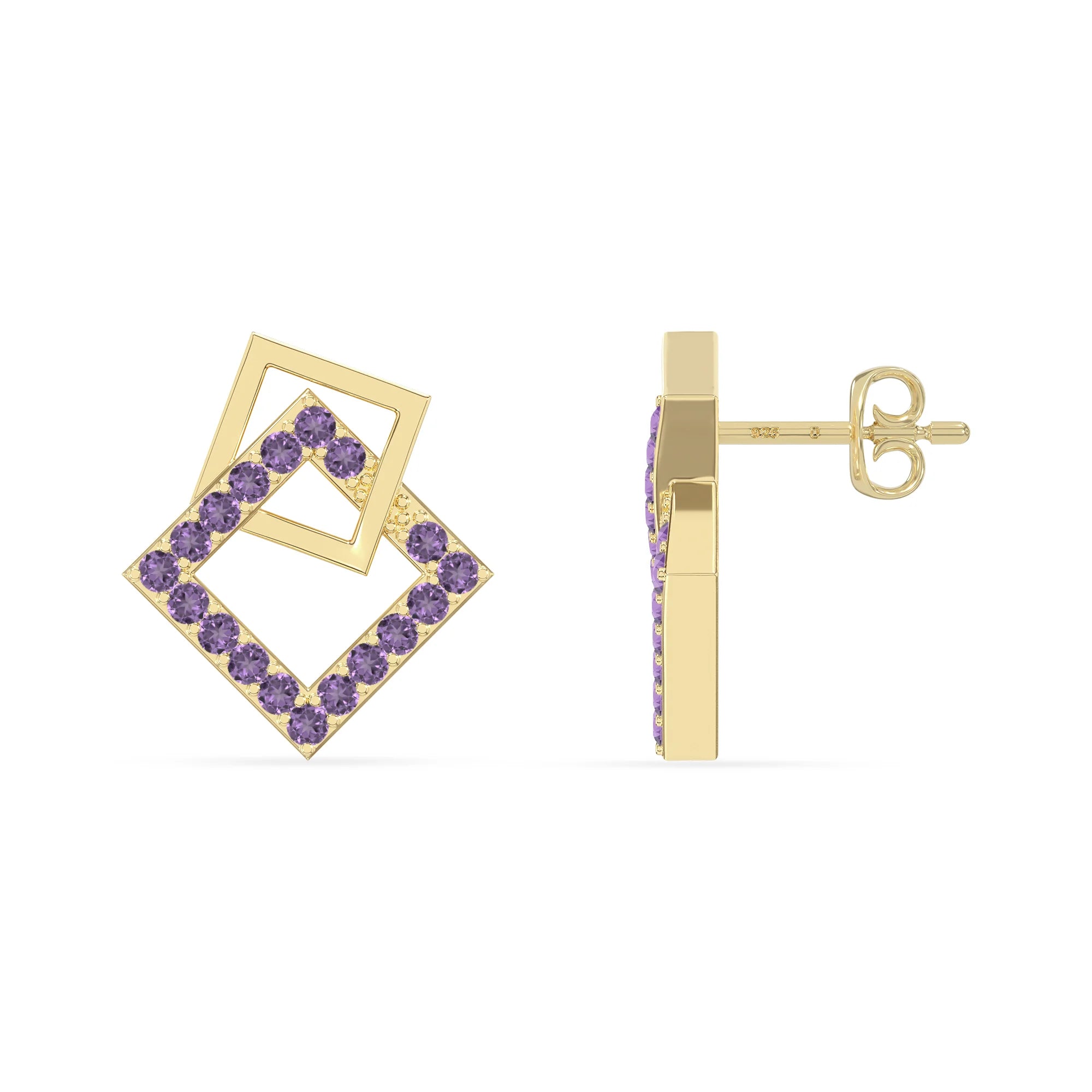 natural amethyst square stud earrings in yellow gold vermeil 