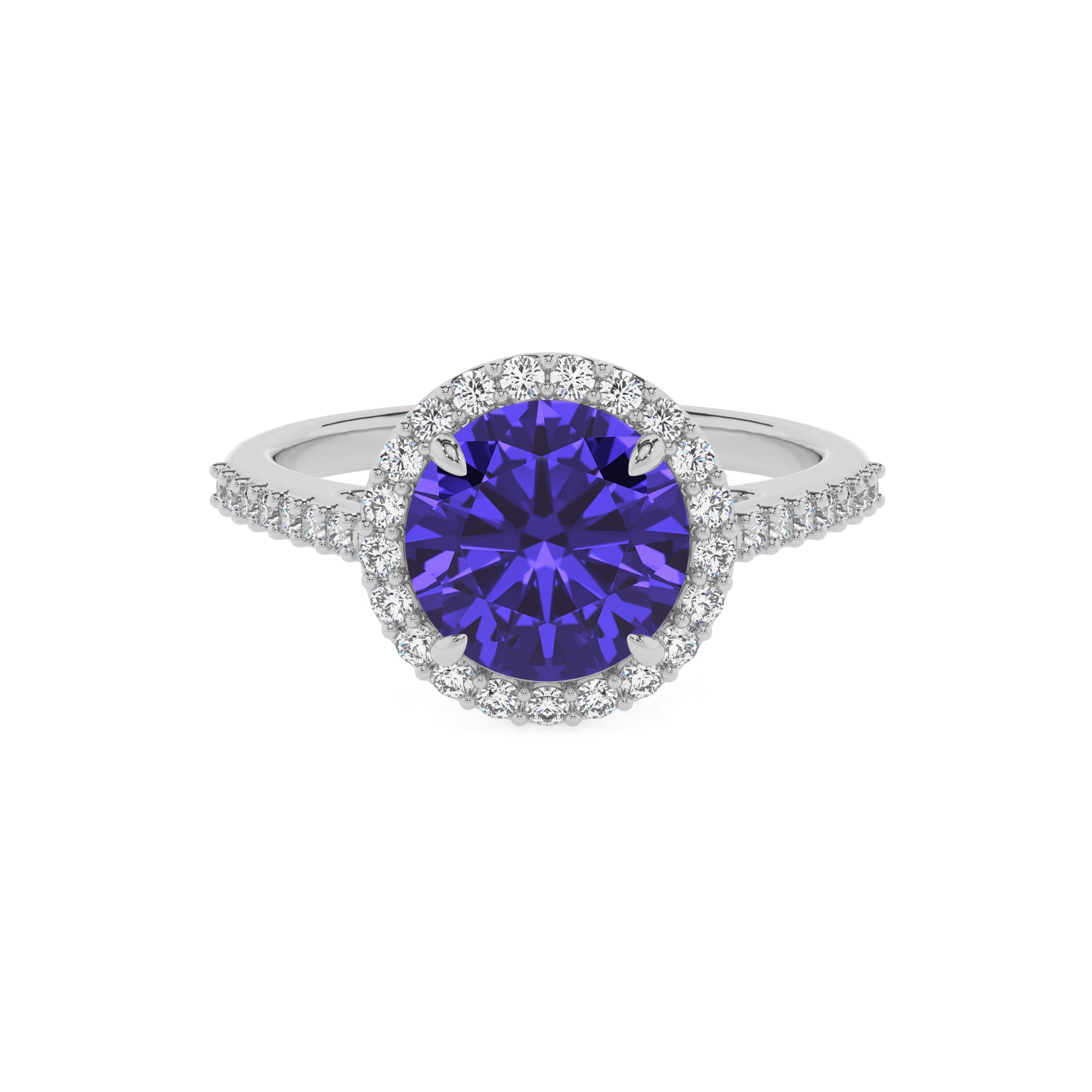 lab-grown tanzanite round half eterity halo solitaire engagement ring