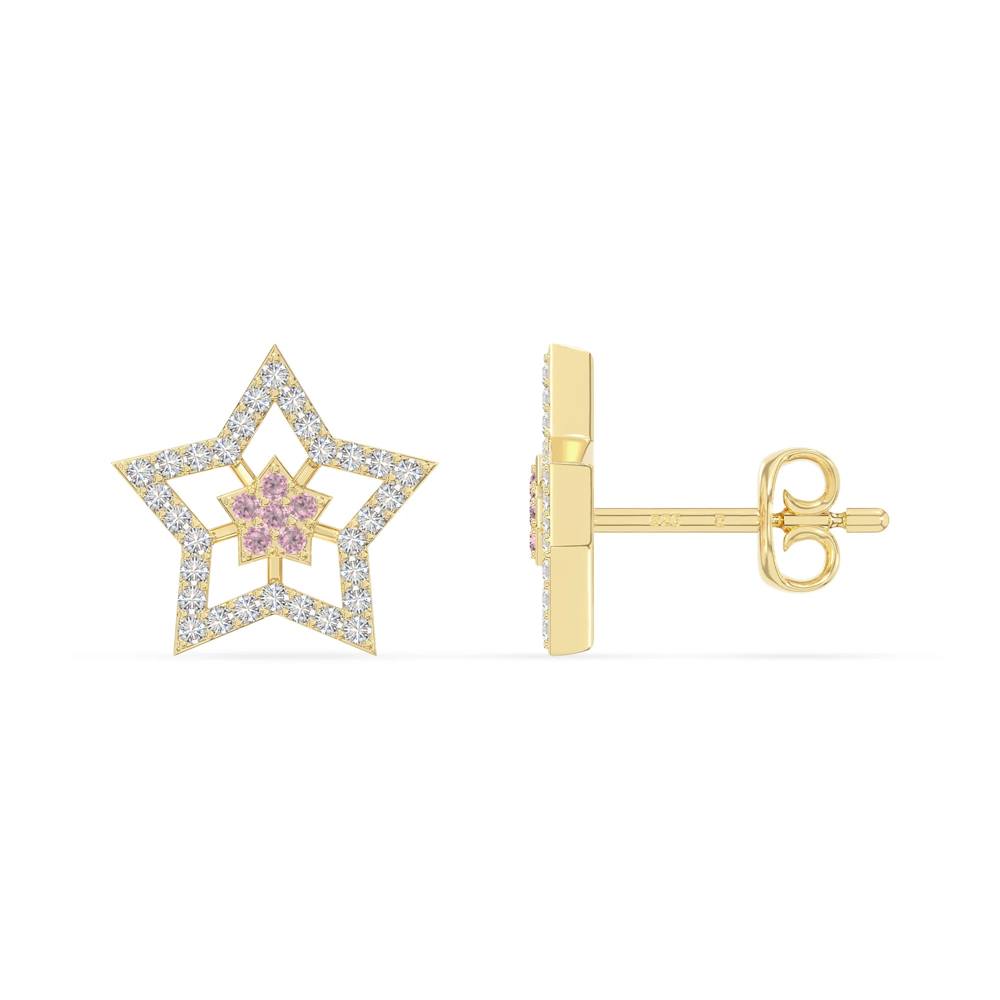 natural pink-tourmaline star stud earrings in yellow gold vermeil 
