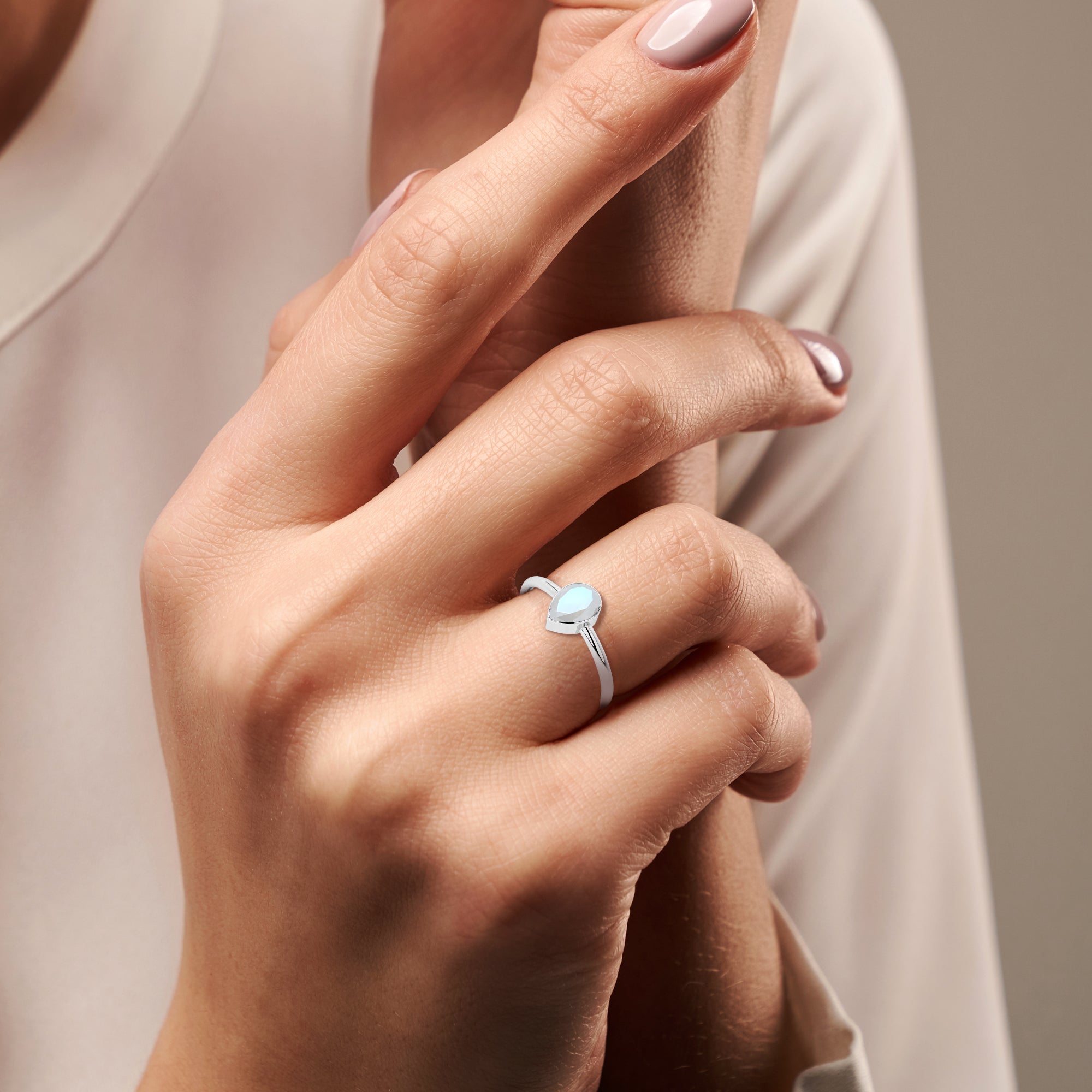 rainbow moonstone pear cut stackable bezel-set ring