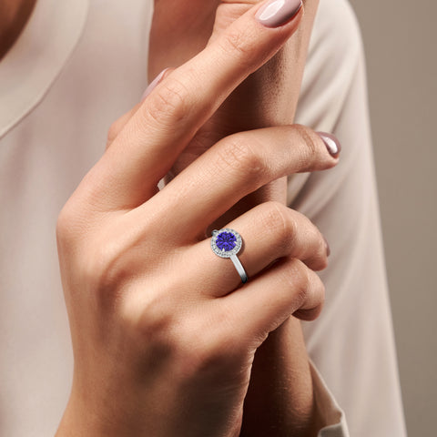 lab-grown tanzanite round halo solitaire engagement ring