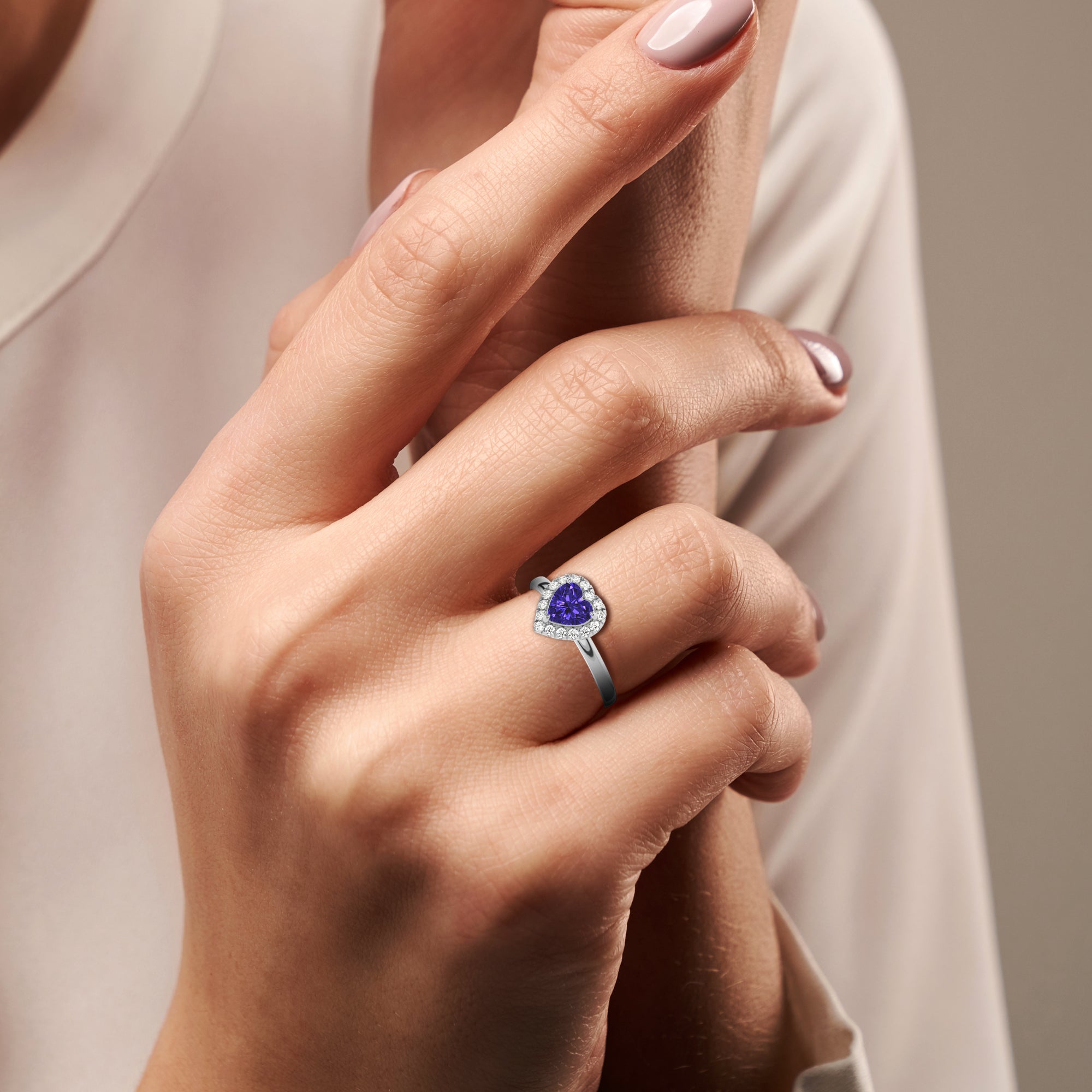 lab-grown tanzanite heart halo solitaire engagement ring