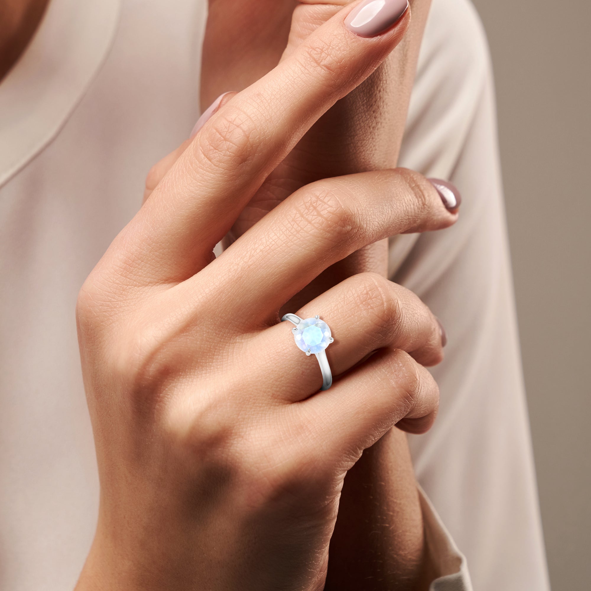 natural rainbow moonstone round solitaire engagement ring